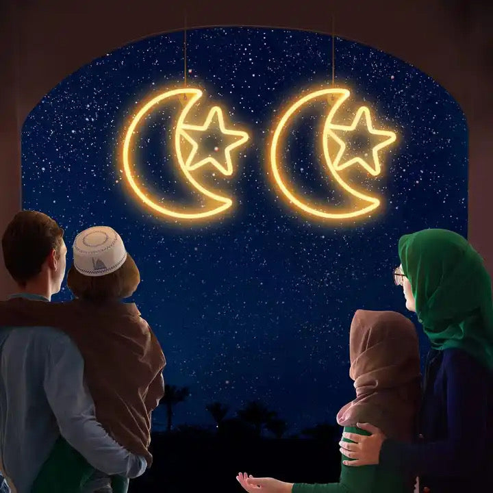 أضواء رمضان النيون. لتزيين النوافذ. 15 بوصة قمر/قمر مع نجمة. زخرفة نافذة عطلة المسلمين 