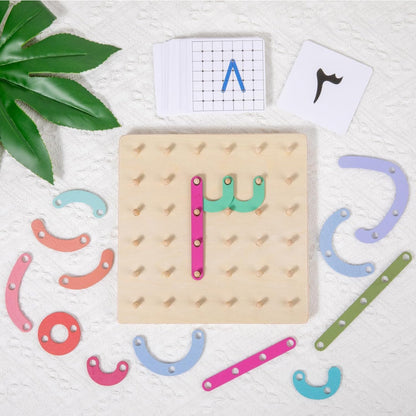 Montessori Educational Puzzle Toy with Wooden Geoboard and Flash Cards,Alphabet Skill Exercise.