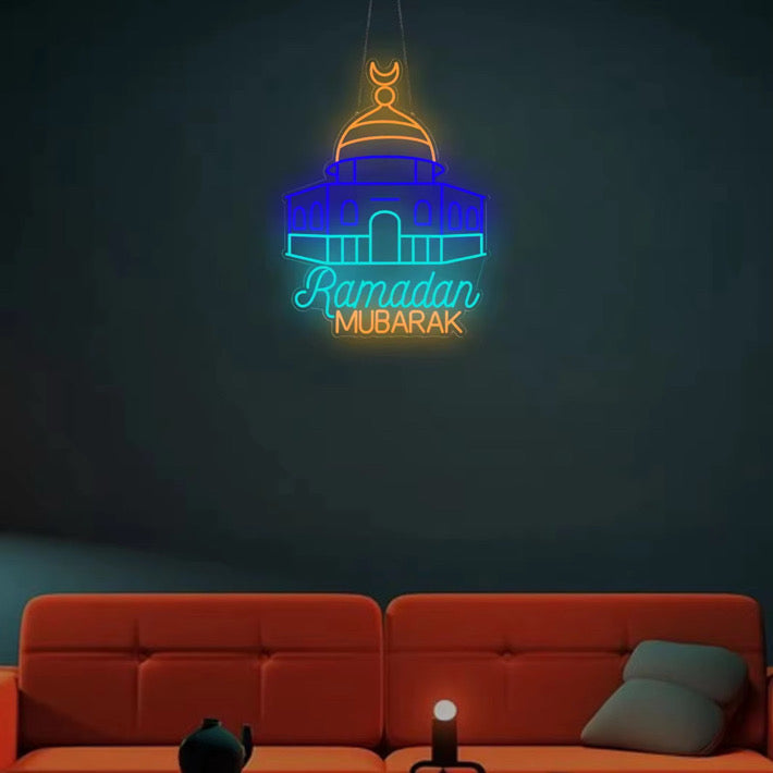 رمضان كريم قبة الصخرة أضواء نافذة نيون مزخرفة، مصباح LED للمسجد مقاس 30 بوصة مع سلك توصيل وجهاز تحكم عن بعد. لحفلة عيد المسلمين 