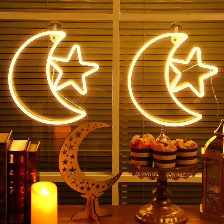 أضواء رمضان النيون. لتزيين النوافذ. 15 بوصة قمر/قمر مع نجمة. زخرفة نافذة عطلة المسلمين 