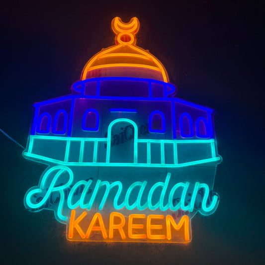 رمضان كريم قبة الصخرة أضواء نافذة نيون مزخرفة، مصباح LED للمسجد مقاس 30 بوصة مع سلك توصيل وجهاز تحكم عن بعد. لحفلة عيد المسلمين 