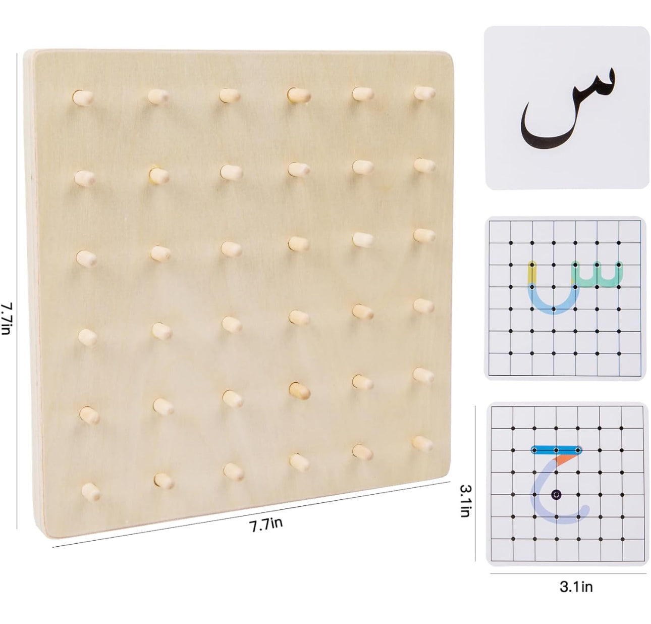 Montessori Arabic Letter Educational Toy with Wooden Geoboard and Flash Cards,Alphabet Skill Exercise.