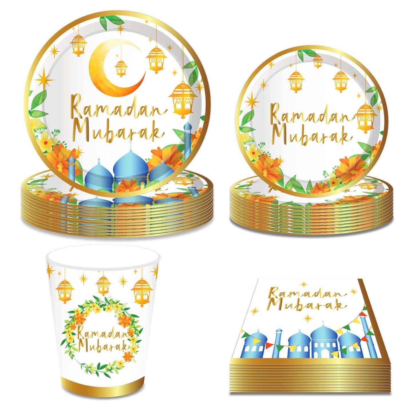 Ramadan Mubarak paper plates 89pcs tableware set,includes 16pieces of 9-inch tableware plates,16pieces of 7-inch dessert plates,16pieces of 9-ounce cold drink cups, 40 napkins and 1tablecloth